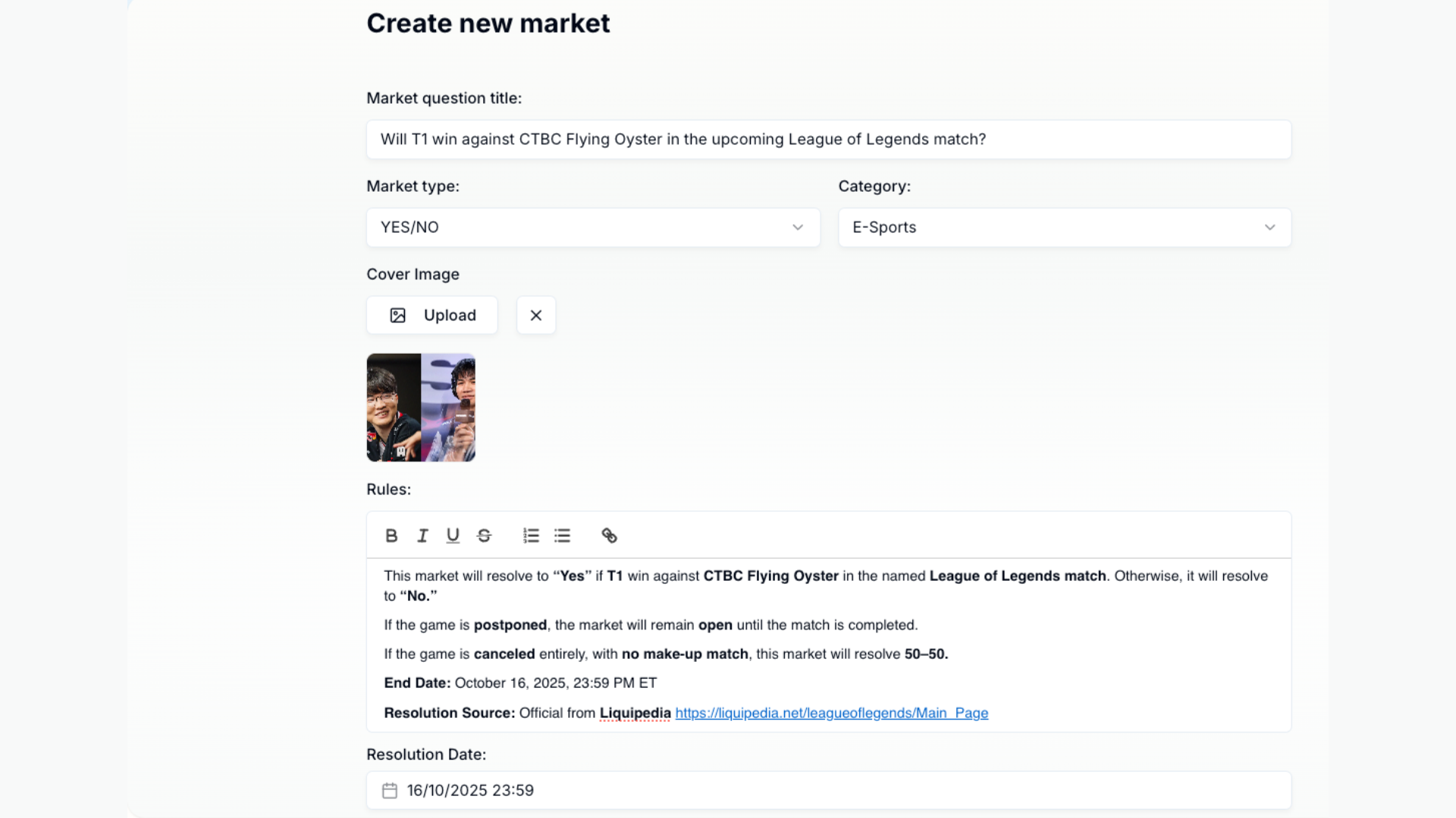 E-Sports market example on Xmarket